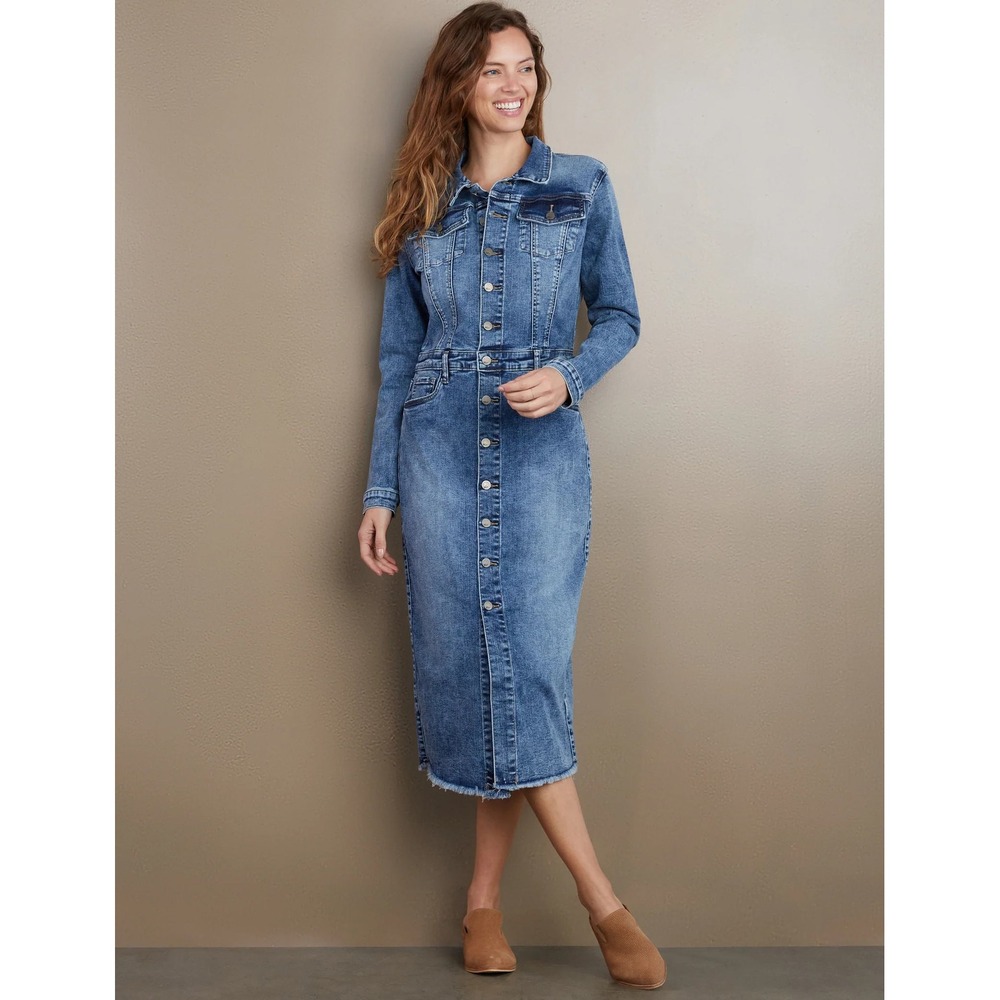 Wash Lab Piece Dyed Denim Dress Blue Long Sleeve Button Front Midi Dress NWOT L
